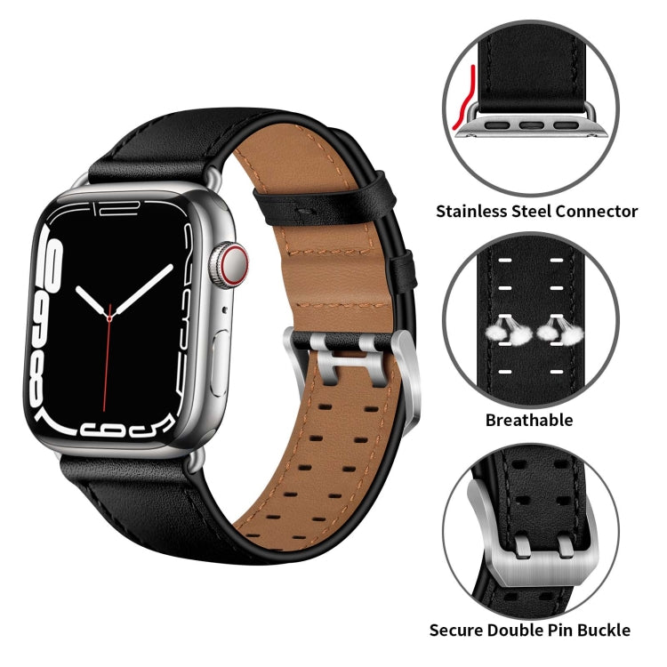 Double Buckles Leather Watch Band For Apple Watch Series 9&8&7 41mm / SE 3&SE 2&6&SE&5&4 40mm / 3&2&1 38mm(Black Silver Buckle) by bashfashion