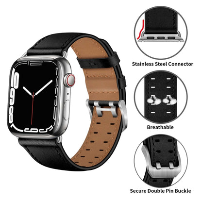 Double Buckles Leather Watch Band For Apple Watch Series 9&8&7 41mm / SE 3&SE 2&6&SE&5&4 40mm / 3&2&1 38mm(Black Silver Buckle) by bashfashion