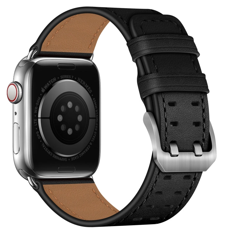 Double Buckles Leather Watch Band For Apple Watch Series 9&8&7 41mm / SE 3&SE 2&6&SE&5&4 40mm / 3&2&1 38mm(Black Silver Buckle) by bashfashion