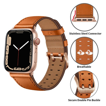 Double Buckles Leather Watch Band For Apple Watch Series 9&8&7 41mm / SE 3&SE 2&6&SE&5&4 40mm / 3&2&1 38mm(Brown Rose Gold Buckle) by bashfashion