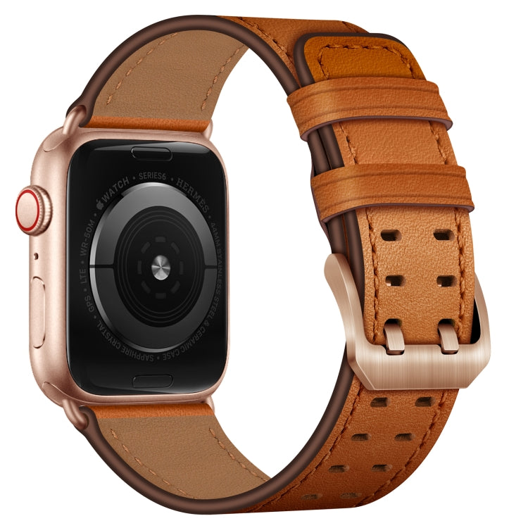 Double Buckles Leather Watch Band For Apple Watch Series 9&8&7 41mm / SE 3&SE 2&6&SE&5&4 40mm / 3&2&1 38mm(Brown Rose Gold Buckle) by bashfashion