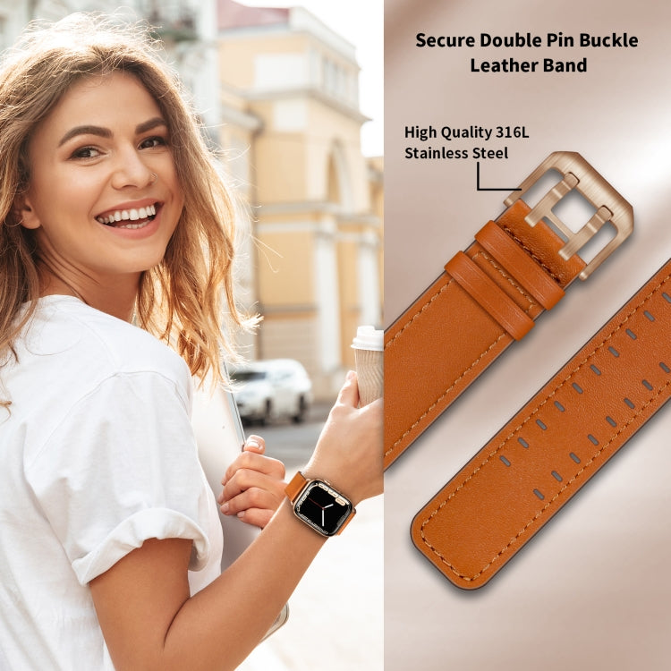 Double Buckles Leather Watch Band For Apple Watch Series 9&8&7 41mm / SE 3&SE 2&6&SE&5&4 40mm / 3&2&1 38mm(Brown Rose Gold Buckle) by bashfashion