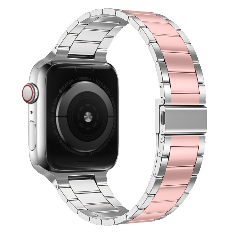 Small Waist Stainless Steel Watch Band For Apple Watch Series 8&7 45mm / SE 2&6&SE&5&4 44mm / 3&2&1 42mm(Silver Pink) by bashfashion
