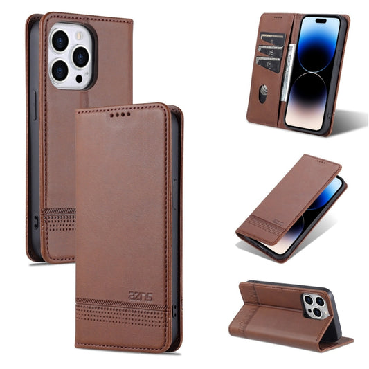 For iPhone 14 Pro AZNS Magnetic Calf Texture Flip Leather Phone Case(Dark Brown) by AZNS