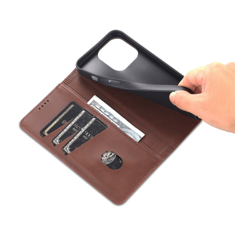 For iPhone 14 Pro AZNS Magnetic Calf Texture Flip Leather Phone Case(Dark Brown) by AZNS