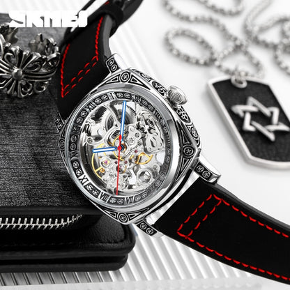 SKMEI 9271 Stainless Steel Buckle Leather Strap Waterproof Mechanical Watch(Black) by SKMEI