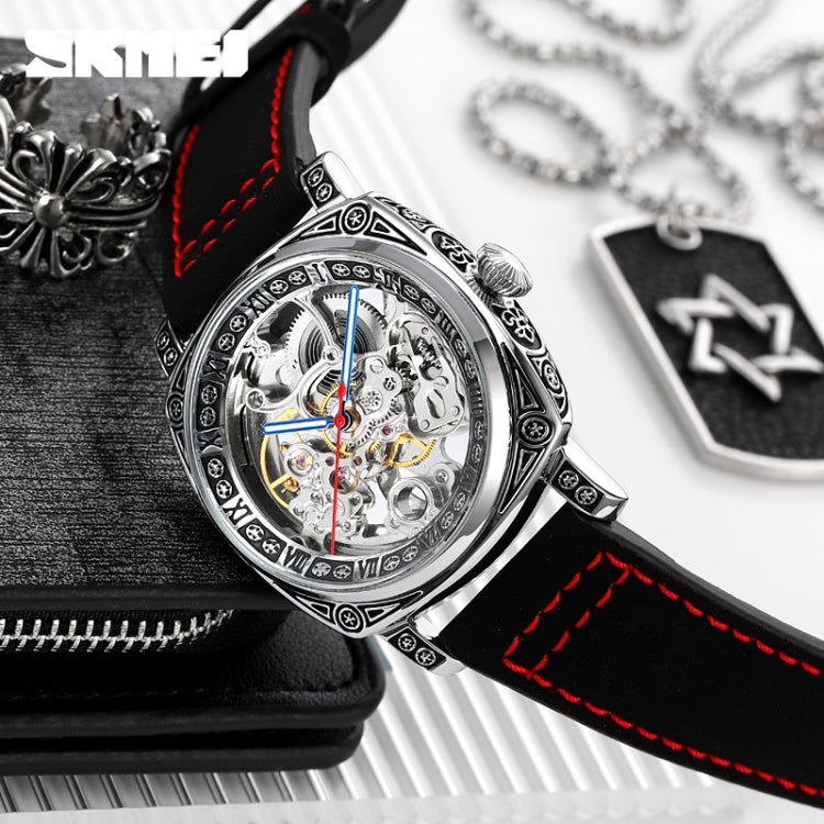 SKMEI 9271 Stainless Steel Buckle Leather Strap Waterproof Mechanical Watch(Red) by SKMEI