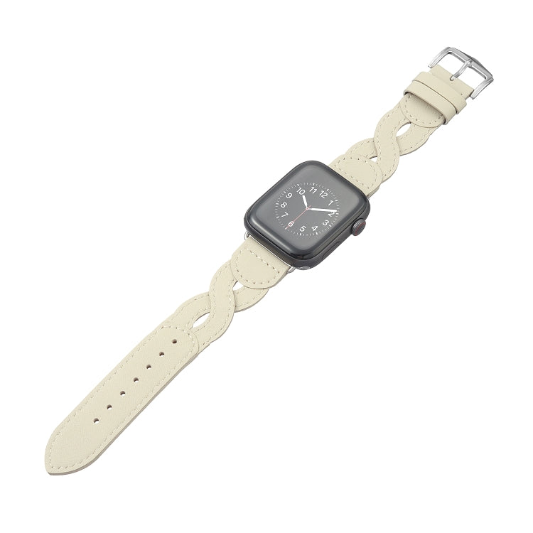 Twist Stitched Genuine Leather Watch Band For Apple Watch Ultra 49mm&Watch Ultra 2 49mm / Series 9&8&7 45mm / SE 3&SE 2&6&SE&5&4 44mm / 3&2&1 42mm(Beige) by bashfashion
