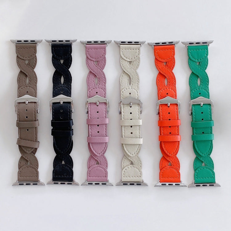 Twist Stitched Genuine Leather Watch Band For Apple Watch Ultra 49mm&Watch Ultra 2 49mm / Series 9&8&7 45mm / SE 3&SE 2&6&SE&5&4 44mm / 3&2&1 42mm(Beige) by bashfashion