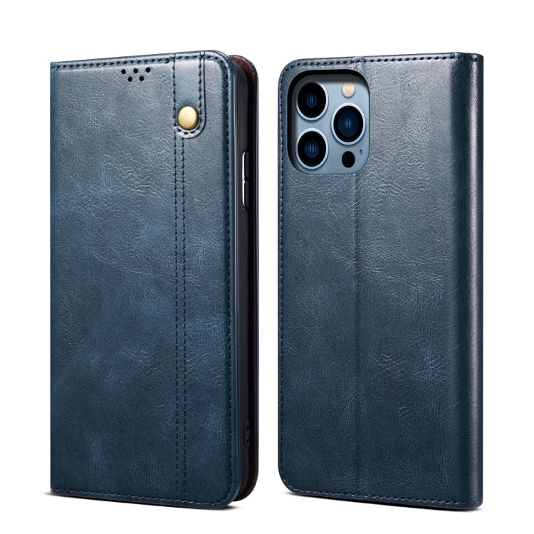 For iPhone 14 Pro Max Simple Wax Crazy Horse Texture Horizontal Flip Leather Case (Navy Blue) by bashfashion