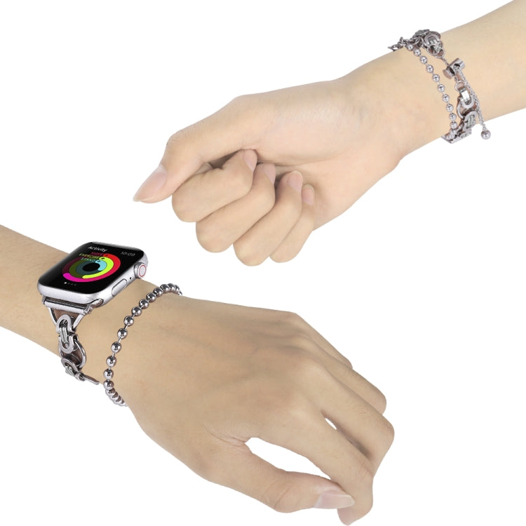 Double Chain 2-bead Stainless Steel Watch Band For Apple Watch Series 9&8&7 41mm / SE 3&SE 2&6&SE&5&4 40mm / 3&2&1 38mm(Silver) by bashfashion