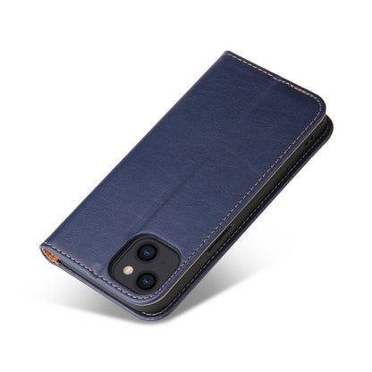 For iPhone 14 Plus Fierre Shann PU Genuine Leather Texture Leather Phone Case (Blue) by FIERRE SHANN