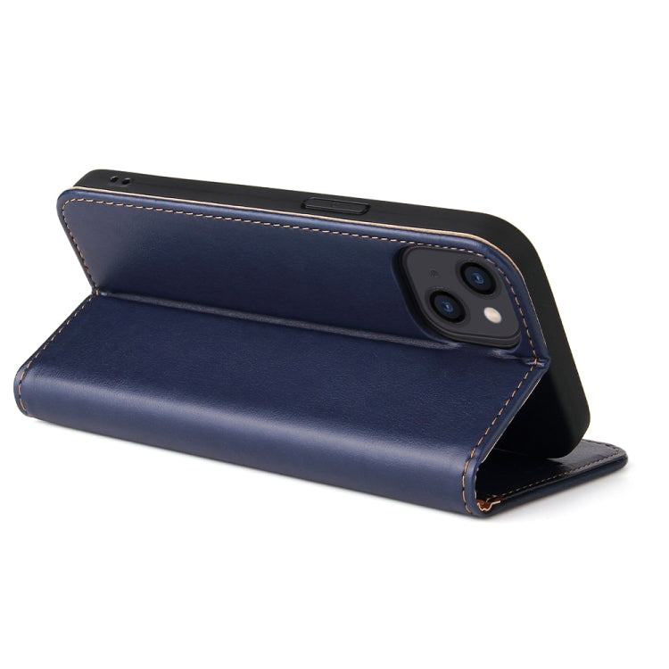 For iPhone 14 Plus Fierre Shann PU Genuine Leather Texture Leather Phone Case (Blue) by FIERRE SHANN