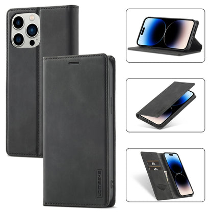 For iPhone 14 Pro LC.IMEEKE Strong Magnetic Leather Phone Case with Holder & Card Slots & Wallet(Black) by LC.IMEEKE
