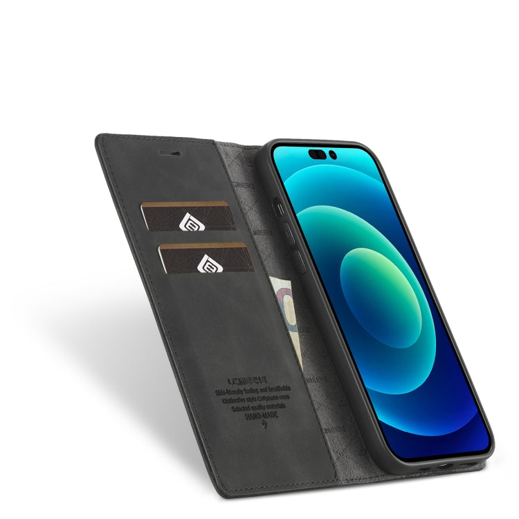 For iPhone 14 Pro LC.IMEEKE Strong Magnetic Leather Phone Case with Holder & Card Slots & Wallet(Black) by LC.IMEEKE