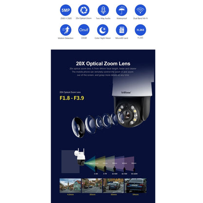 SriHome SH041 5.0MP 20X Optical Zoom 2.4G/5G WiFi IP66 Waterproof AI Auto Tracking H.265 Video Surveillance, Plug Type:UK Plug(White) by bashfashion