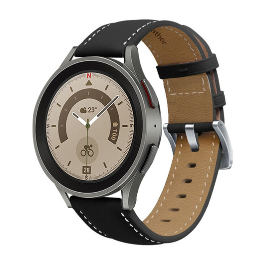 For Samsung Galaxy Watch5 40mm / 44mm Stitching Genuine Leather Watch Band(Black+Silver) by bashfashion