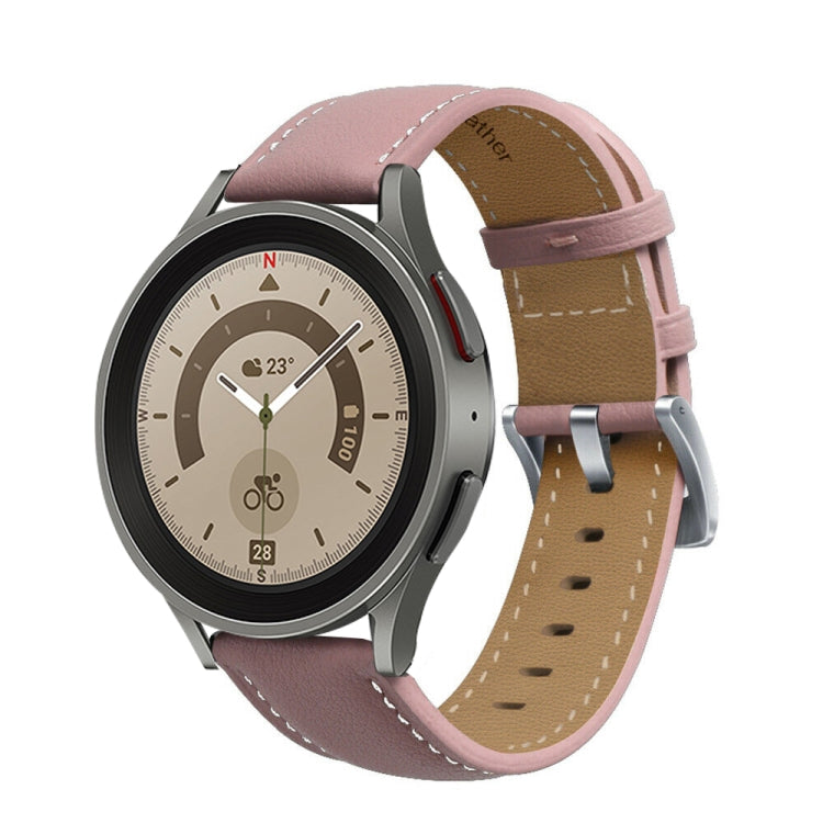 For Samsung Galaxy Watch5 40mm / 44mm Stitching Genuine Leather Watch Band(Dark Pink+Silver) by bashfashion