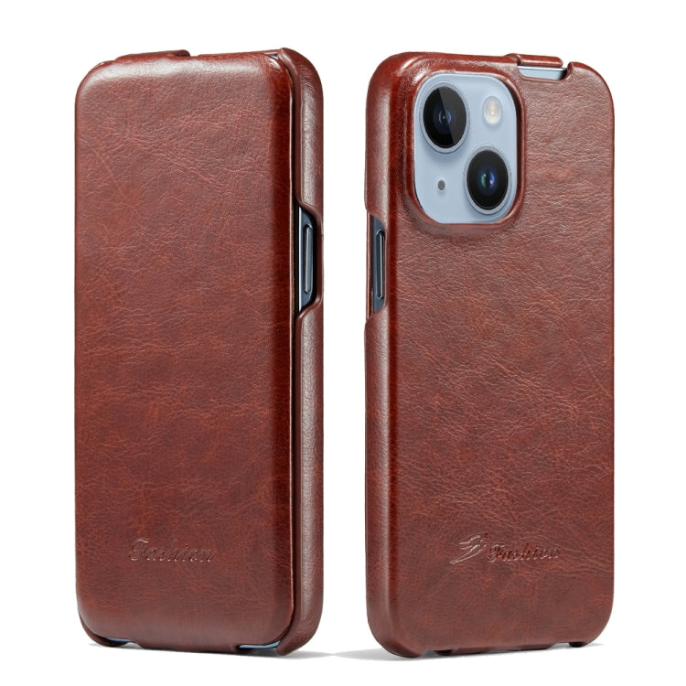 For iPhone 14 Plus Fierre Shann Oil Wax Texture Vertical Flip PU Phone Case (Brown) by FIERRE SHANN