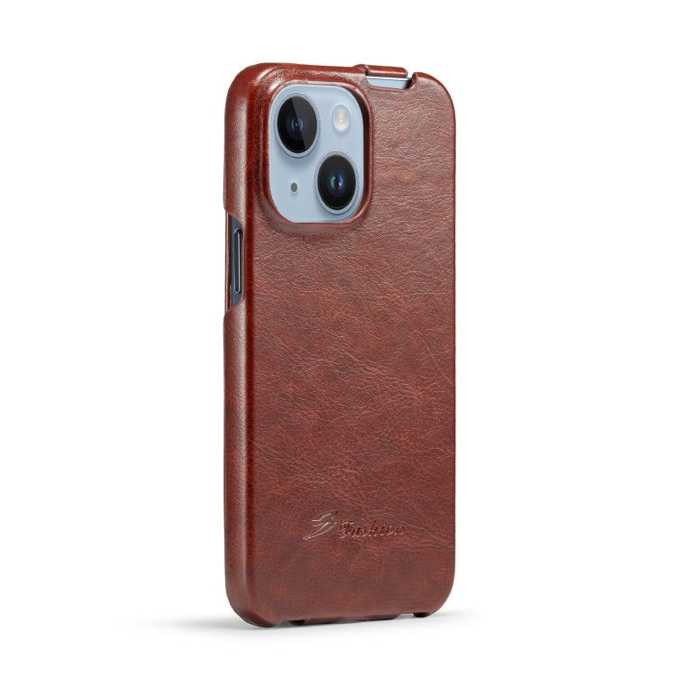 For iPhone 14 Plus Fierre Shann Oil Wax Texture Vertical Flip PU Phone Case (Brown) by FIERRE SHANN
