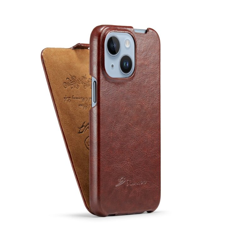 For iPhone 14 Plus Fierre Shann Oil Wax Texture Vertical Flip PU Phone Case (Brown) by FIERRE SHANN