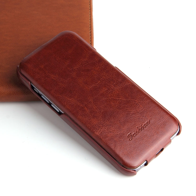 For iPhone 14 Plus Fierre Shann Oil Wax Texture Vertical Flip PU Phone Case (Brown) by FIERRE SHANN
