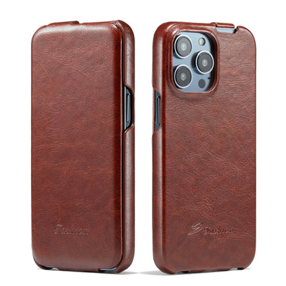 For iPhone 14 Pro Max Fierre Shann Oil Wax Texture Vertical Flip PU Phone Case (Brown) by FIERRE SHANN