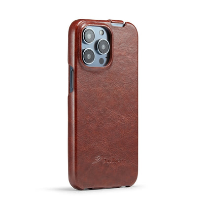 For iPhone 14 Pro Max Fierre Shann Oil Wax Texture Vertical Flip PU Phone Case (Brown) by FIERRE SHANN