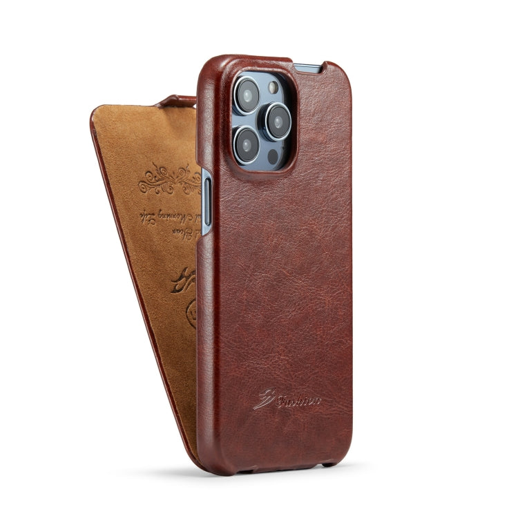For iPhone 14 Pro Max Fierre Shann Oil Wax Texture Vertical Flip PU Phone Case (Brown) by FIERRE SHANN