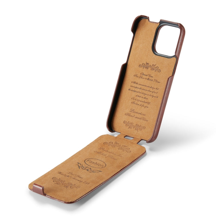 For iPhone 14 Pro Max Fierre Shann Oil Wax Texture Vertical Flip PU Phone Case (Brown) by FIERRE SHANN