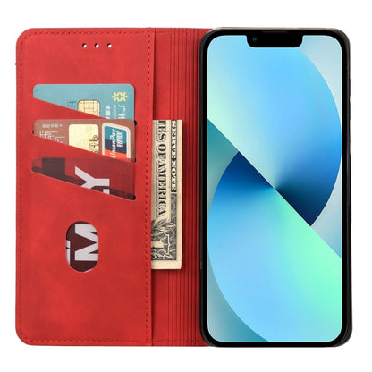 For iPhone 14 Skin Feel Splicing Leather Phone Case (Red)