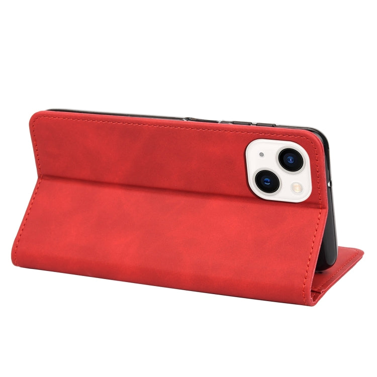 For iPhone 14 Skin Feel Splicing Leather Phone Case (Red)