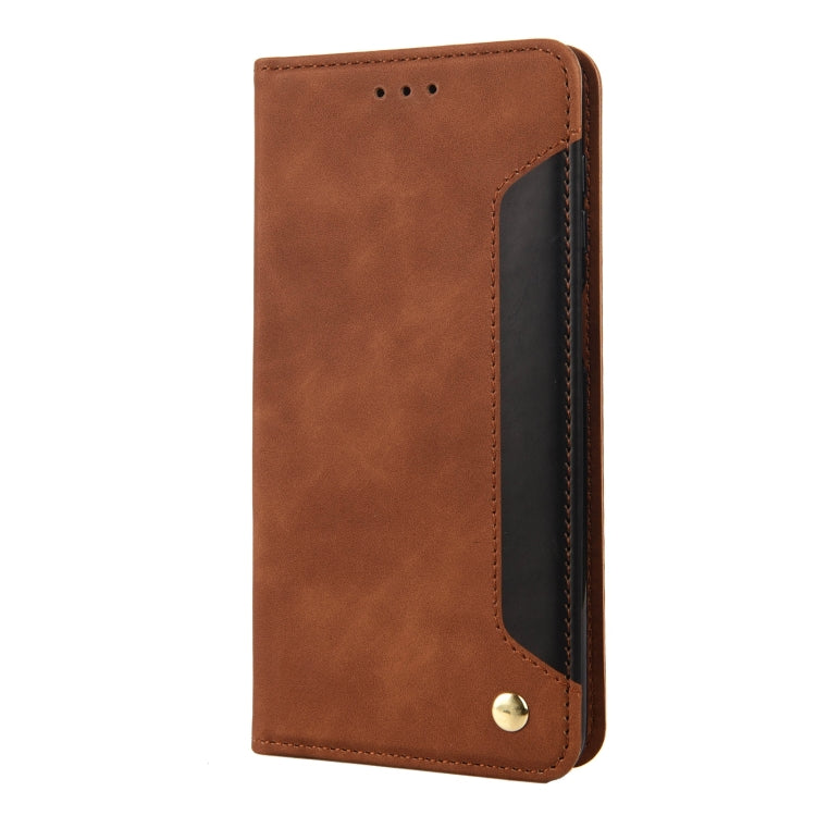 For iPhone 14 Plus Skin Feel Splicing Leather Phone Case (Brown)