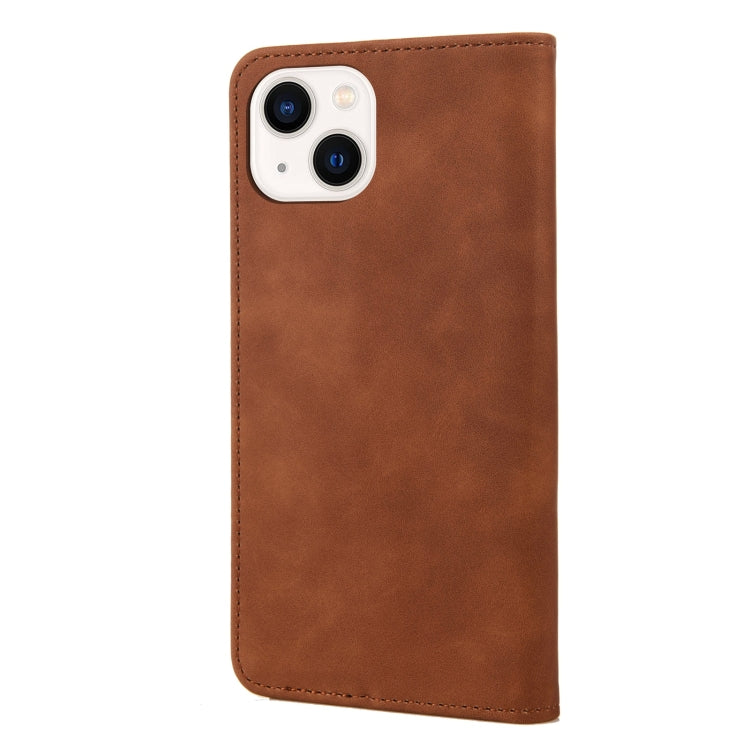 For iPhone 14 Plus Skin Feel Splicing Leather Phone Case (Brown)