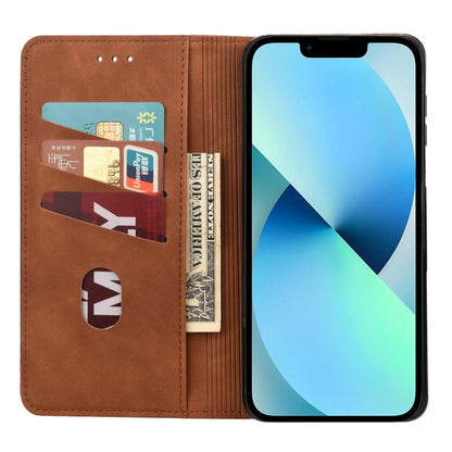 For iPhone 14 Plus Skin Feel Splicing Leather Phone Case (Brown)