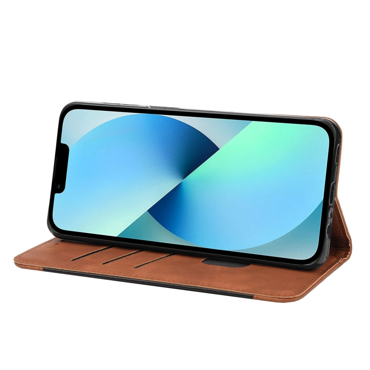 For iPhone 14 Plus Skin Feel Splicing Leather Phone Case (Brown)
