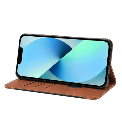 For iPhone 14 Plus Skin Feel Splicing Leather Phone Case (Brown)