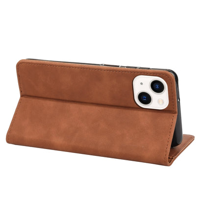 For iPhone 14 Plus Skin Feel Splicing Leather Phone Case (Brown)