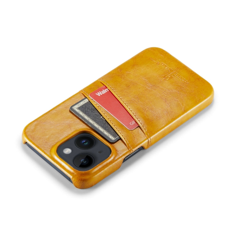 For iPhone 14 Fierre Shann Retro Oil Wax Texture PU Leather Case with Card Slots (Yellow) by FIERRE SHANN