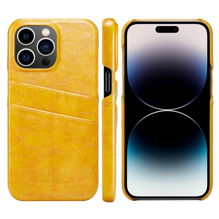 For iPhone 14 Pro Max Fierre Shann Retro Oil Wax Texture PU Leather Case with Card Slots (Yellow) by FIERRE SHANN
