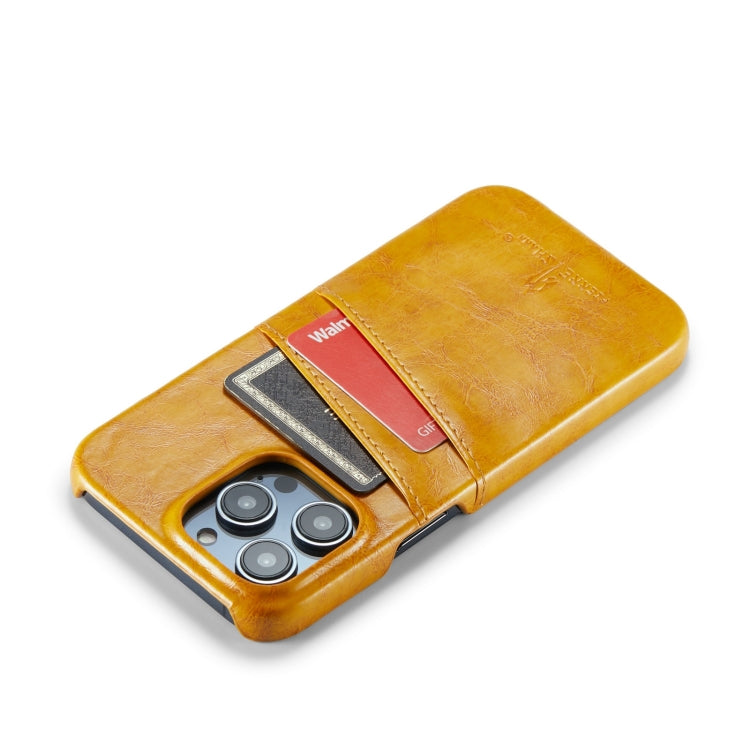 For iPhone 14 Pro Max Fierre Shann Retro Oil Wax Texture PU Leather Case with Card Slots (Yellow) by FIERRE SHANN
