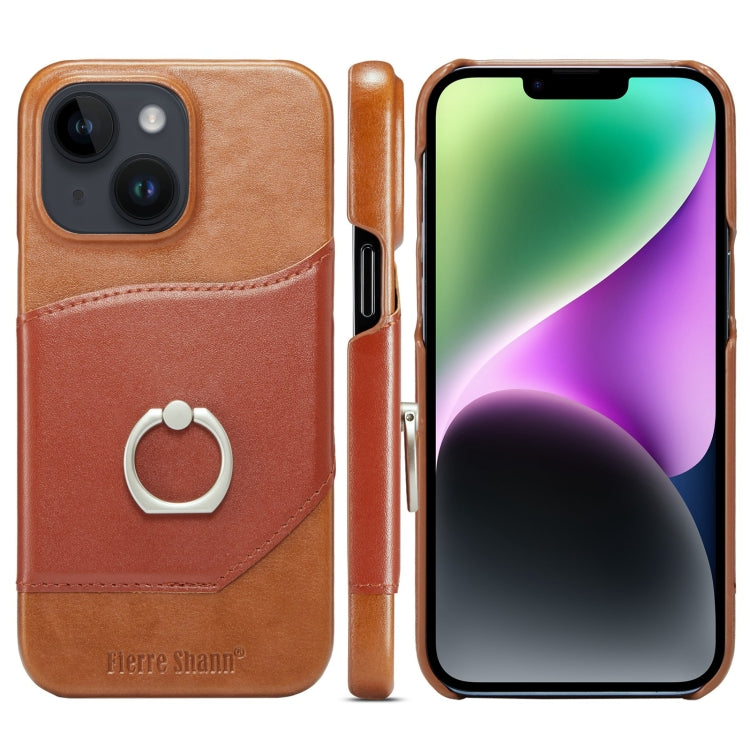For iPhone 14 Plus Fierre Shann Oil Wax Texture Genuine Leather Back Case (Brown) by FIERRE SHANN