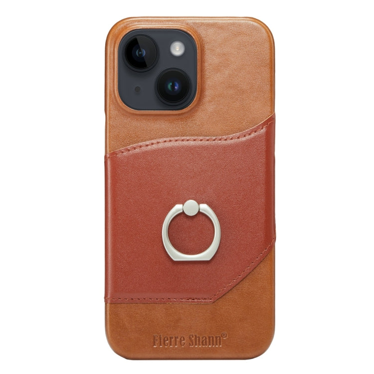 For iPhone 14 Plus Fierre Shann Oil Wax Texture Genuine Leather Back Case (Brown) by FIERRE SHANN
