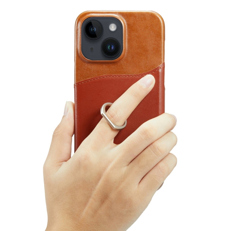 For iPhone 14 Plus Fierre Shann Oil Wax Texture Genuine Leather Back Case (Brown) by FIERRE SHANN