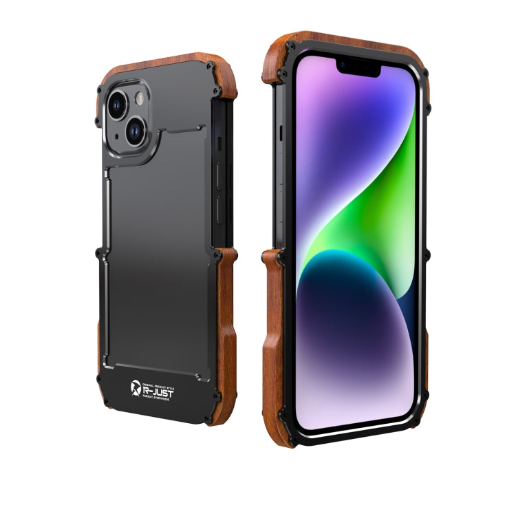 For iPhone 14 R-JUST Ironwood Generation Metal + Wood Phone Case by R-JUST