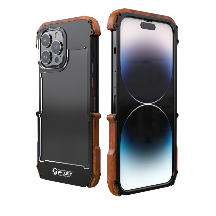 For iPhone 14 Pro Max R-JUST Ironwood Generation Metal + Wood Phone Case by R-JUST