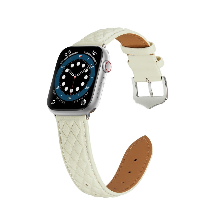 Diamond Lattice Genuine Leather Watch Band for Apple Watch Series 9&8&7 41mm / SE 3&SE 2&6&SE&5&4 40mm / 3&2&1 38mm(Beige) by bashfashion