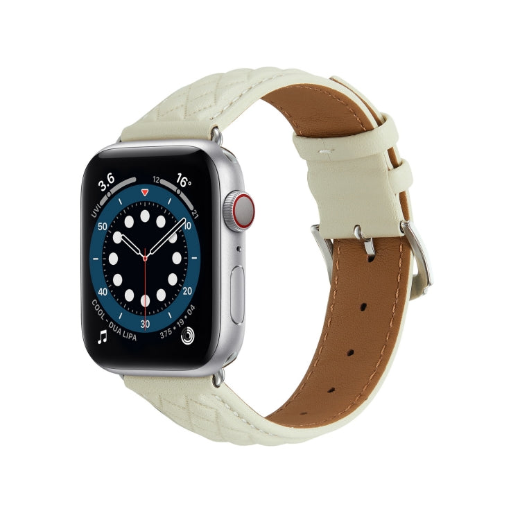 Diamond Lattice Genuine Leather Watch Band for Apple Watch Ultra 49mm / Series 8&7 45mm / SE 2&6&SE&5&4 44mm / 3&2&1 42mm(Beige) by bashfashion