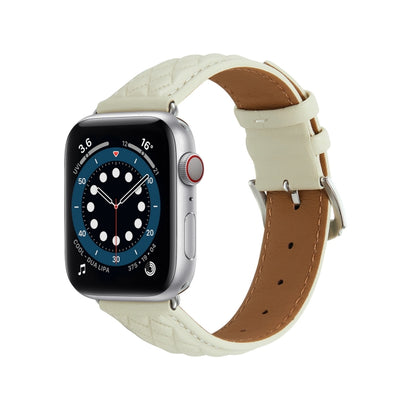 Diamond Lattice Genuine Leather Watch Band for Apple Watch Ultra 49mm / Series 8&7 45mm / SE 2&6&SE&5&4 44mm / 3&2&1 42mm(Beige) by bashfashion