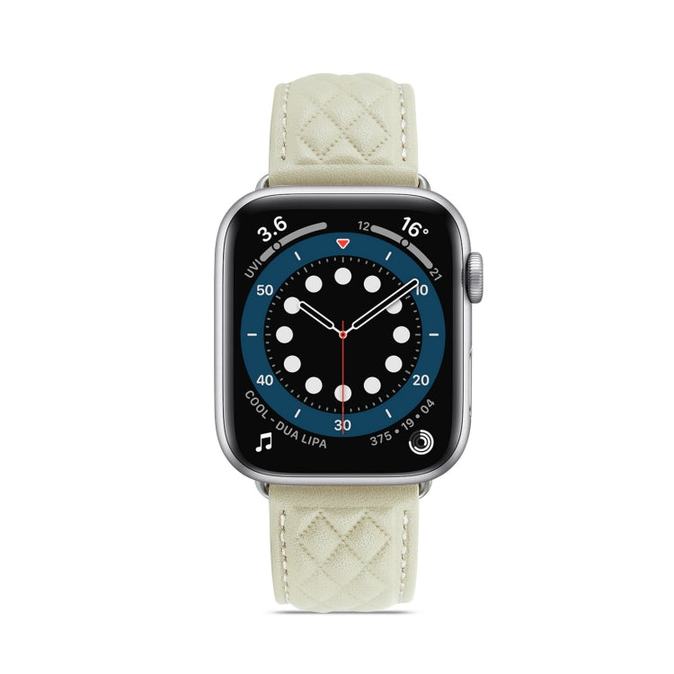Diamond Lattice Genuine Leather Watch Band for Apple Watch Ultra 49mm / Series 8&7 45mm / SE 2&6&SE&5&4 44mm / 3&2&1 42mm(Beige) by bashfashion